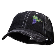 Cluster of Grapes Fruit Patched 6 Panel Denim Frayed Mesh Cap