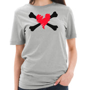 Bones and Scribbled Heart Graphic Design Short Sleeve Cotton Jersey T-Shirt