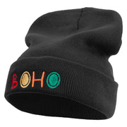 Artistic Boho Logo Embroidered 12 Inch Long Knitted Beanie - Black OSFM