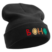 Artistic Boho Logo Embroidered 12 Inch Long Knitted Beanie - Black OSFM