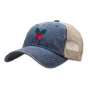 Christmas Holly Embroidered Iron on Patch Applique Patched Pigment Dyed Mesh Cap
