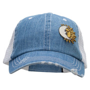 Moon over Sun Patched 6 Panel Denim Frayed Mesh Cap