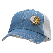 Moon over Sun Patched 6 Panel Denim Frayed Mesh Cap