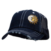 Moon over Sun Patched 6 Panel Denim Frayed Mesh Cap