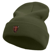 Angry Bison Head Embroidered 12 Inch Long Knitted Beanie - Olive OSFM