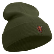 Angry Bison Head Embroidered 12 Inch Long Knitted Beanie - Olive OSFM