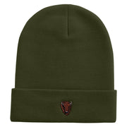 Angry Bison Head Embroidered 12 Inch Long Knitted Beanie - Olive OSFM