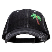 Small Palm Tree Patched 6 Panel Denim Frayed Mesh Cap