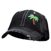 Small Palm Tree Patched 6 Panel Denim Frayed Mesh Cap