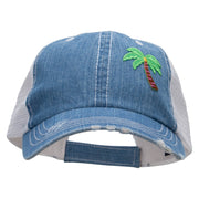 Small Palm Tree Patched 6 Panel Denim Frayed Mesh Cap