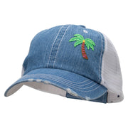 Small Palm Tree Patched 6 Panel Denim Frayed Mesh Cap