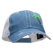 Small Palm Tree Patched 6 Panel Denim Frayed Mesh Cap