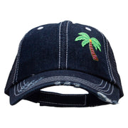 Small Palm Tree Patched 6 Panel Denim Frayed Mesh Cap