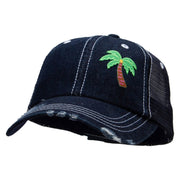 Small Palm Tree Patched 6 Panel Denim Frayed Mesh Cap