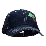 Small Palm Tree Patched 6 Panel Denim Frayed Mesh Cap