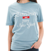 Christmas and a Happy New Year Typography Graphic Design Deluxe Jersey T-Shirt - Blue-Mist XS