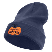 Thanksgiving Pumpkin Logo Embroidered 12 Inch Long Knitted Beanie - Navy OSFM