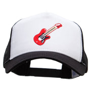 Embroidered Guitar 5 Panel High Profile Poly Cotton Twill Mesh Trucker Cap - White-Black OSFM