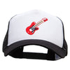 Embroidered Guitar 5 Panel High Profile Poly Cotton Twill Mesh Trucker Cap - White-Black OSFM