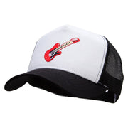 Embroidered Guitar 5 Panel High Profile Poly Cotton Twill Mesh Trucker Cap - White-Black OSFM