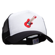 Embroidered Guitar 5 Panel High Profile Poly Cotton Twill Mesh Trucker Cap - White-Black OSFM