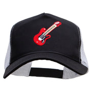 Embroidered Guitar 5 Panel High Profile Poly Cotton Twill Mesh Trucker Cap - Black-White OSFM