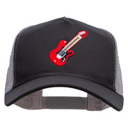 Embroidered Guitar 5 Panel High Profile Poly Cotton Twill Mesh Trucker Cap - Charcoal-Grey OSFM