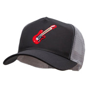 Embroidered Guitar 5 Panel High Profile Poly Cotton Twill Mesh Trucker Cap - Charcoal-Grey OSFM