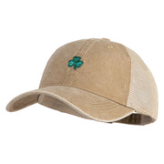 Shamrock St. Patrick's Day Embroidered Iron On Patched Pigment Dyed Mesh Cap - Dark Beige OSFM