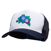 Pansies Flower Embroidered 5 Panel High Profile Poly Cotton Twill Mesh Trucker Cap - White-Navy OSFM