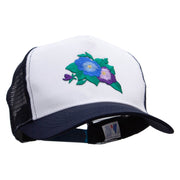 Pansies Flower Embroidered 5 Panel High Profile Poly Cotton Twill Mesh Trucker Cap - White-Navy OSFM