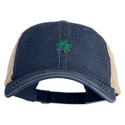 Shamrock St. Patrick's Day Embroidered Iron On Patched Pigment Dyed Mesh Cap - Navy Khaki OSFM