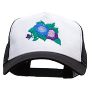 Pansies Flower Embroidered 5 Panel High Profile Poly Cotton Twill Mesh Trucker Cap - White-Black OSFM