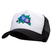 Pansies Flower Embroidered 5 Panel High Profile Poly Cotton Twill Mesh Trucker Cap - White-Black OSFM