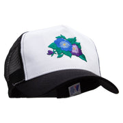 Pansies Flower Embroidered 5 Panel High Profile Poly Cotton Twill Mesh Trucker Cap - White-Black OSFM