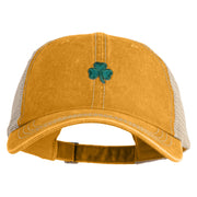 Shamrock St. Patrick's Day Embroidered Iron On Patched Pigment Dyed Mesh Cap - Mustard Khaki OSFM
