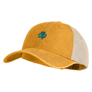 Shamrock St. Patrick's Day Embroidered Iron On Patched Pigment Dyed Mesh Cap - Mustard Khaki OSFM