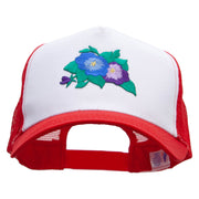 Pansies Flower Embroidered 5 Panel High Profile Poly Cotton Twill Mesh Trucker Cap - White-Red OSFM