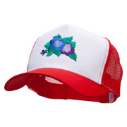 Pansies Flower Embroidered 5 Panel High Profile Poly Cotton Twill Mesh Trucker Cap - White-Red OSFM