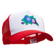 Pansies Flower Embroidered 5 Panel High Profile Poly Cotton Twill Mesh Trucker Cap - White-Red OSFM