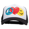 Large Peace Heart Smiley Sign Embroidered 5 Panel High Profile Poly Cotton Twill Mesh Trucker Cap - White-Black OSFM