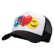 Large Peace Heart Smiley Sign Embroidered 5 Panel High Profile Poly Cotton Twill Mesh Trucker Cap - White-Black OSFM