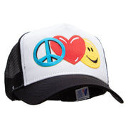 Large Peace Heart Smiley Sign Embroidered 5 Panel High Profile Poly Cotton Twill Mesh Trucker Cap - White-Black OSFM