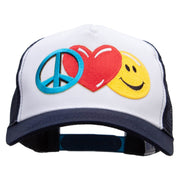 Large Peace Heart Smiley Sign Embroidered 5 Panel High Profile Poly Cotton Twill Mesh Trucker Cap - White Navy OSFM