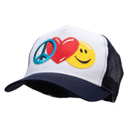 Large Peace Heart Smiley Sign Embroidered 5 Panel High Profile Poly Cotton Twill Mesh Trucker Cap - White Navy OSFM