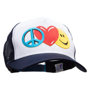 Large Peace Heart Smiley Sign Embroidered 5 Panel High Profile Poly Cotton Twill Mesh Trucker Cap - White Navy OSFM