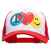 Large Peace Heart Smiley Sign Embroidered 5 Panel High Profile Poly Cotton Twill Mesh Trucker Cap - White-Red OSFM