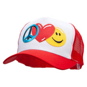 Large Peace Heart Smiley Sign Embroidered 5 Panel High Profile Poly Cotton Twill Mesh Trucker Cap - White-Red OSFM