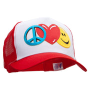 Large Peace Heart Smiley Sign Embroidered 5 Panel High Profile Poly Cotton Twill Mesh Trucker Cap - White-Red OSFM