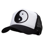 Yin Yang Black and White Embroidered 5 Panel High Profile Poly Cotton Twill Mesh Trucker Cap - White-Black OSFM